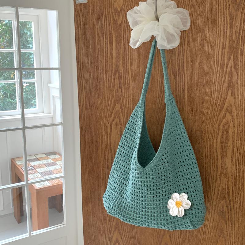 Flower Print Knit Bag for Women Hollow Out Mesh Tote Shoulder Purse Soft Woven Handbag Casual Daily Outing Bag