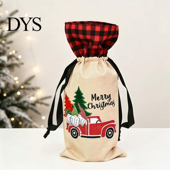 Christmas Party Table Decorations Wine Gift Bag, Reusable Burlap Bottle Cover with Drawstring, Plaid Bags Xmas Tree Gnome Truck Print Sleeves
