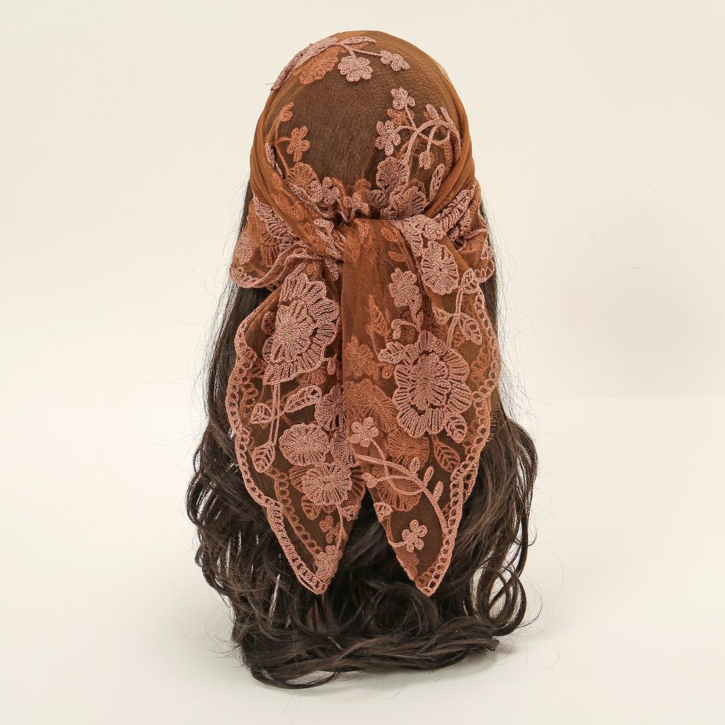 New Square Yarn Hijab Scarf Women Floral Embroidery Lace Headband Summer Breathable Bandana For Women Elegant Turban Hair Wrap