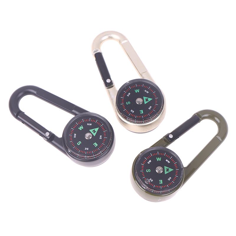 1Pc 3 In 1 Double Sided Mini Compass Carabiner Keychain With Compass Thermometer Outdoor Hiking Survival Zinc Alloy Key Ring