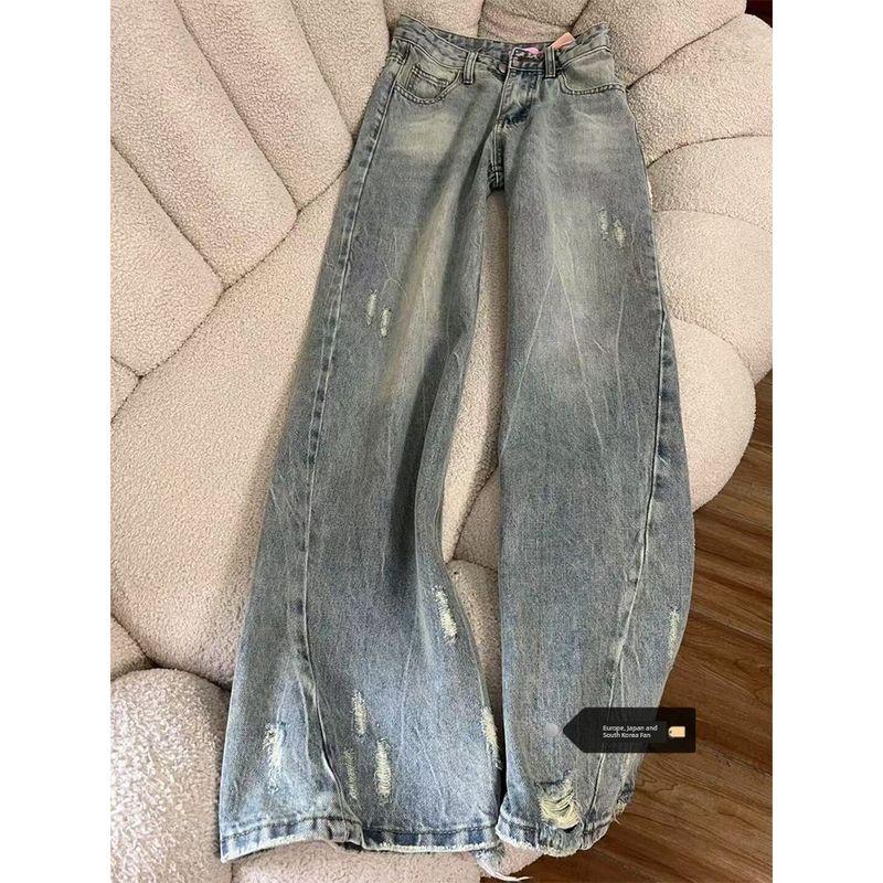 

Ретро Джинсы Большого размера с потертостями Удлиненные Рваные Женские Летние Новые Дизайн с бахромой Прямые Широкие Брюки Retro Blue [Quality Edition]] S