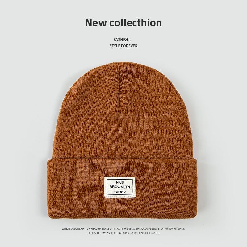 Autumn and Winter Knitted Hat Niche Personality Fashion Melon Rind Wool Hat Warm Protection Amount Simple Letter Cloth Label Cold Hat