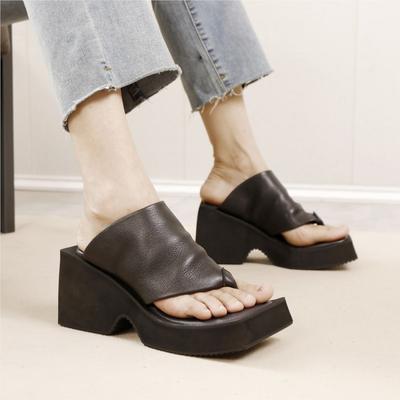 Flip Flops Slippers Fashion Genuine Leather Thick Bottom High Heels Women's Wedges Shoes