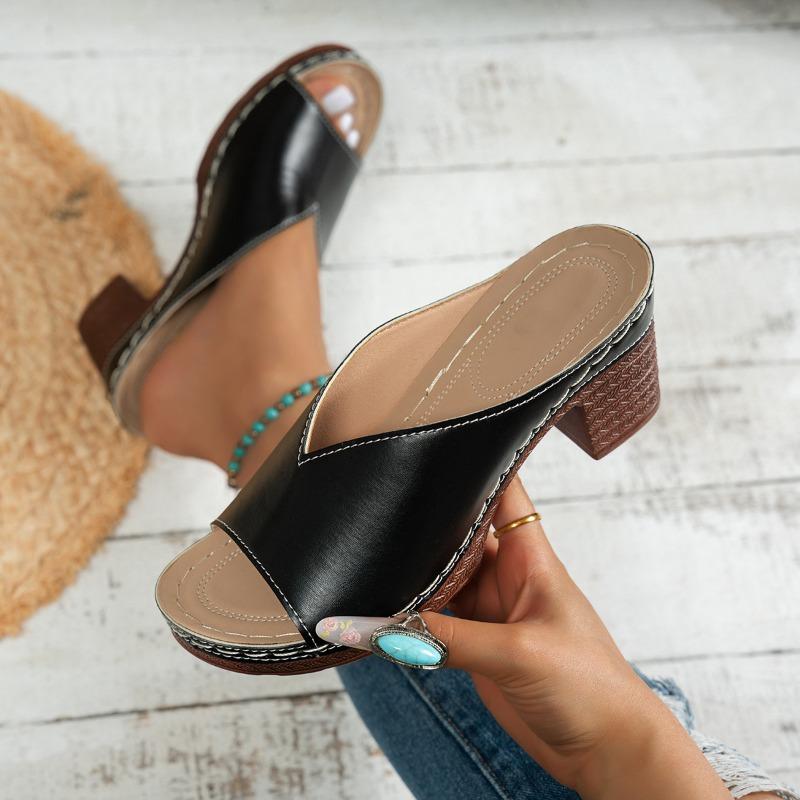 Summer new large size thick heel cool slippers women's fashion high heel thick heel fish mouth one word drag women