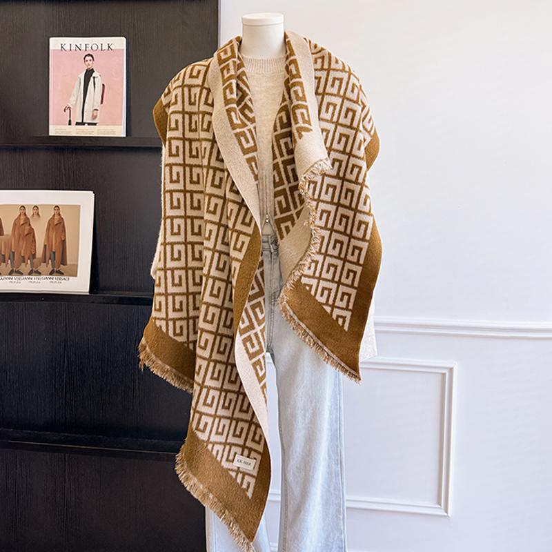 Écharpe Pashmina en Cachemire de Luxe pour Femme - Hiver Chaud à Franges Imprimé Géométrique All-over beige
