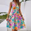 Women's Spring And Summer Casual V-Neck Sleeveless Waist Floral Print Midi Dress