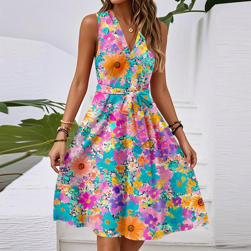 Women's Spring And Summer Casual V-Neck Sleeveless Waist Floral Print Midi Dress