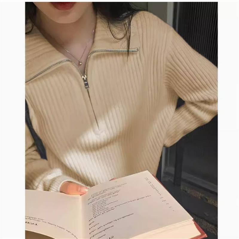 Women's Cozy Autumn & Winter Zipper Sweater - Lazy Style, Loose Fit, Soft Knit Polo Collar Pullover