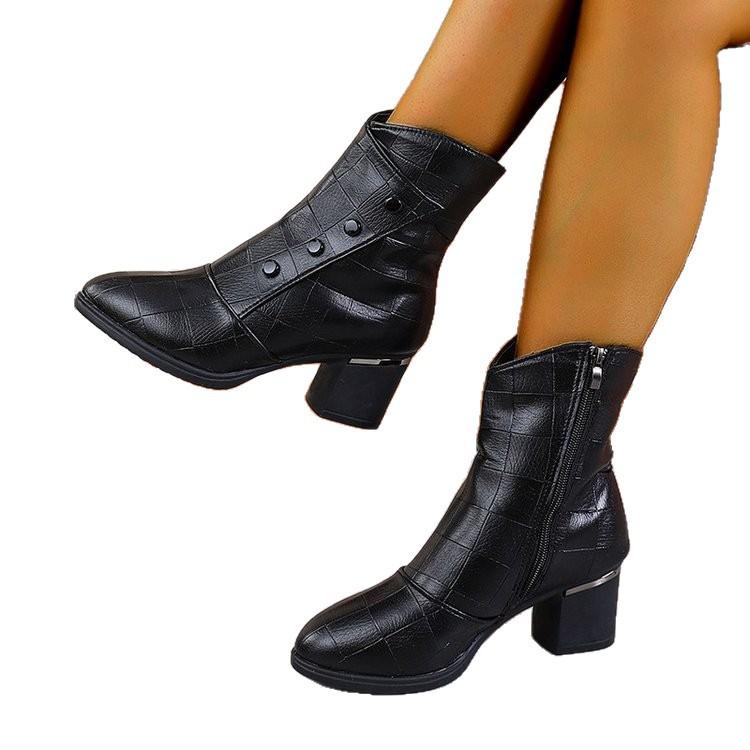 Autumn and Winter New Women's Shoes European and American Fashion Thick Heel Zipper Martin Boots Middle Old Mother High Heel Velvet Fashion Boots