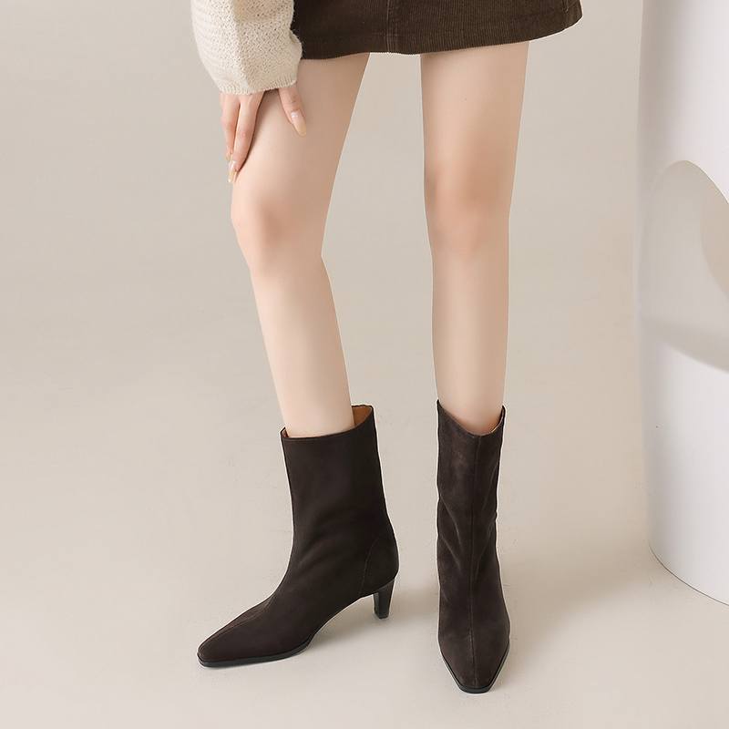 Krazing Pot Cow Suede Nubuck Autumn Winter Shoes Thick High Heels Big Size 43 Modern Boots Square Toe Keep Warm Slip on Mid-calf Boots