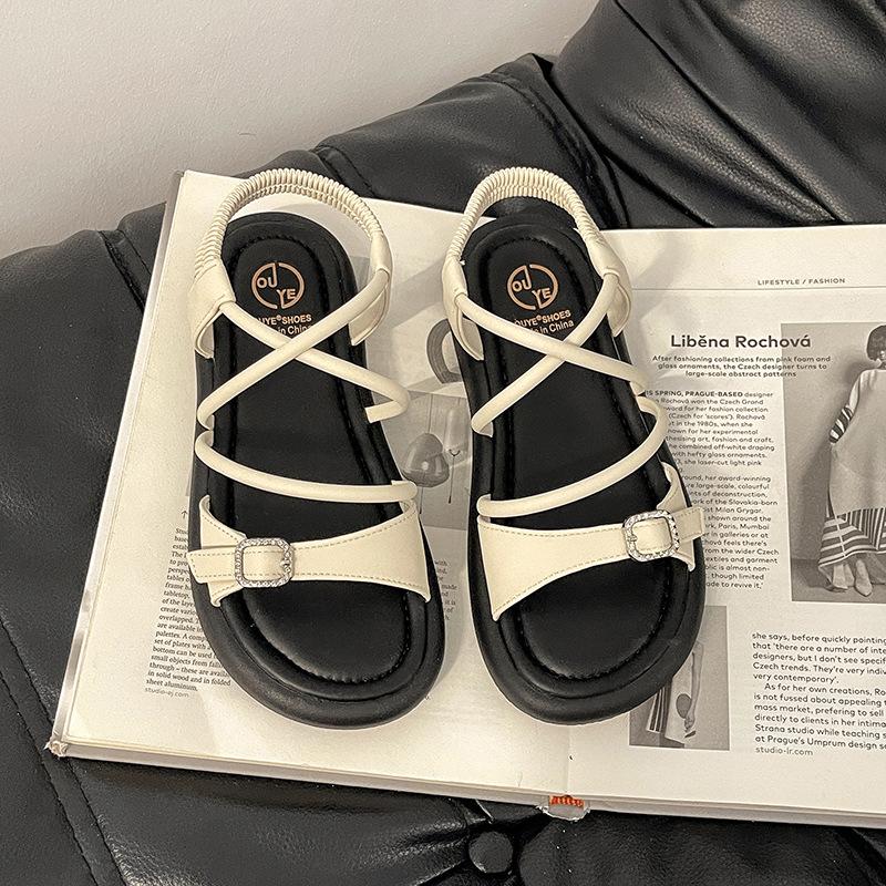 

Модные сандалии с ремешком, украшенные стразами, с открытым носком на плоской подошве, женские летние корейская версия, универсальный каблук, эластичный женский ремешок, крутые шлепанцы 40 бежевый