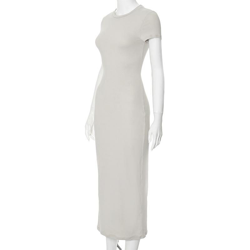 2024 Summer High Waist Long Dress For Women Short Sleeve Slim O Neck Basic Dresses Female Party Temperament Evening Elegant Solid Dress Femme