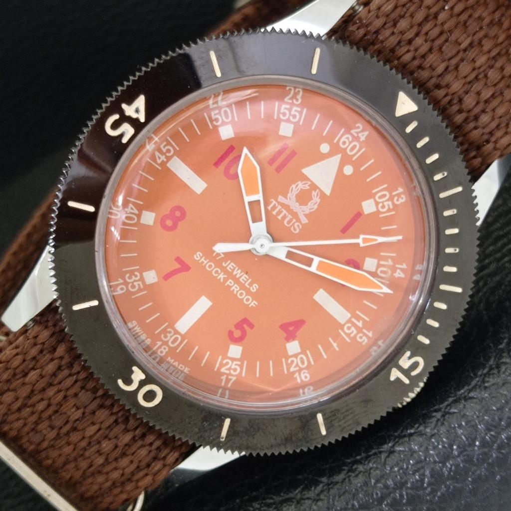 

HAND-WINDING VINTAGE TITUS SWISS MENS TURNABLE BEZEL ORANGE DIAL WATCH a700012-5 R201-a700012