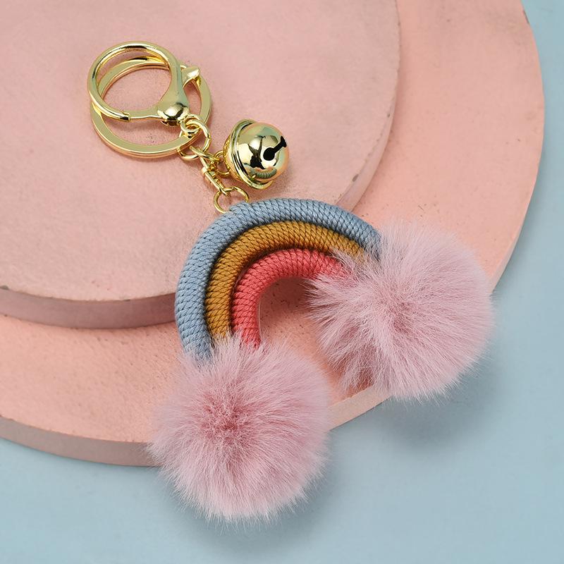 Bohemian Rainbow Fur Ball Keychain with Hand-Woven Cotton Rope and Faux Rabbit Fur Pendant