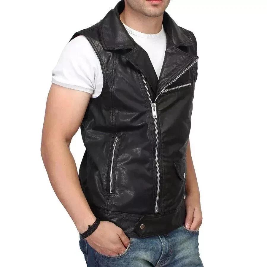 Vest Coat Zipper Jacket Men's Stylish Genuine Lambskin Stylish Leather Black Waistcoat Western