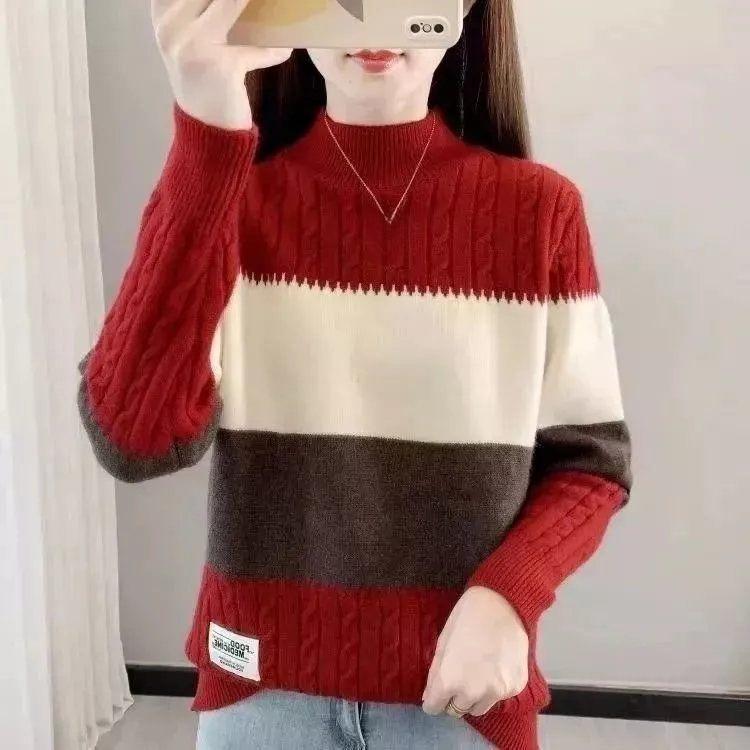 Half Turtleneck Knitwear for Women Loose Thickened Color-blocked Sweater Autumn and Winter Casual Top Pullover Winter Knitted Sweater