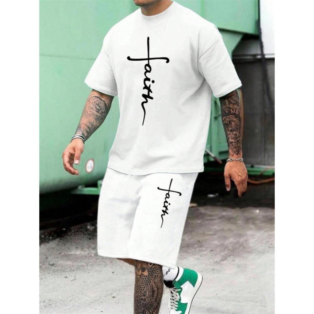 Męski Letni Zestaw Krótkich Spodenek z Krótkim Rękawem z Nadrukiem Krzyża Casualowy Modny Temperament 2-częściowy Streetowy Sesja Wakacyjny Zestaw T-shirtu z Okrągłym Dekoltem
