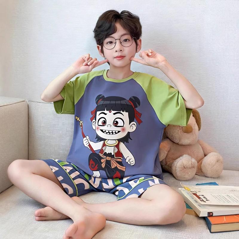 100% Cotton Boys Pajama Set Short Sleeve Shorts Sleepwear Kids Teens Comfortable Breathable Home Wear