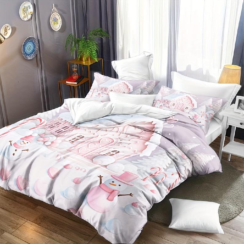 3pcs Christmas print quilt set Gingerbread House Pink Snowman Winter Bedding Soft Cozy Bedclothes Sweet Bedroom Decoration