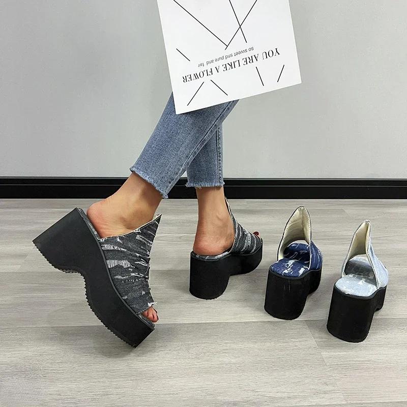 Women Fashion Denim Blue Wedges Sandals Summer Chunky Platform Heeled Sandals Woman Thick Soled Beach Shoes Plus Size 43