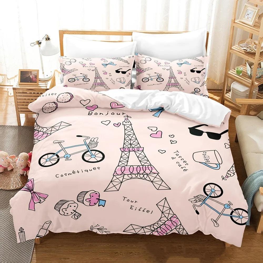 King Comfortable Quilt Cover Set Beding Digital Printing Pink Love Paris Tower Luxurious Bed Linen Set 28*28 Including (duvet Cover+pilowcase