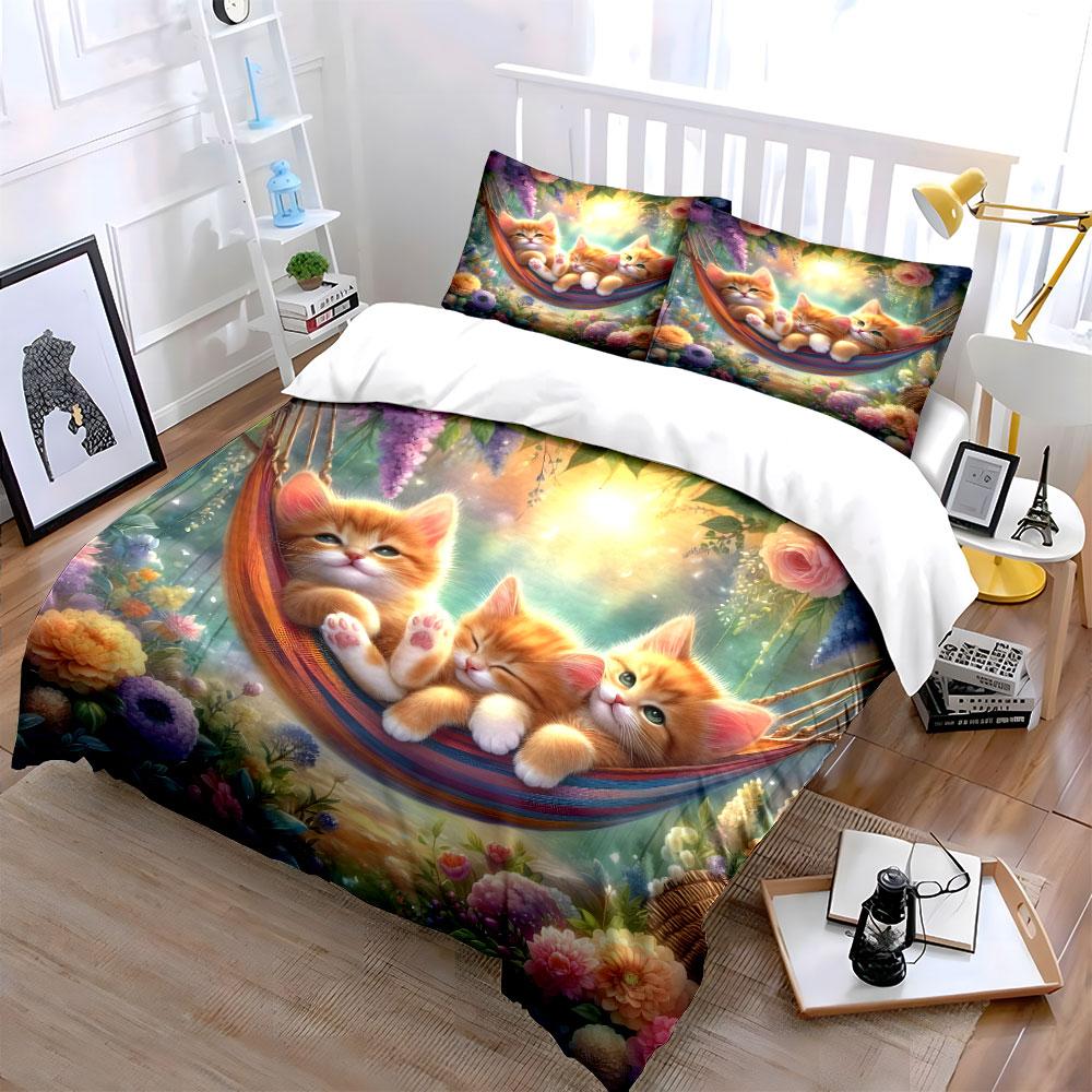 Three Kittens Relaxing In Hammock Print Soft Comfortable Duvet Cover Bedding Set Included 1*Duvet Cover 2*Pillowcases