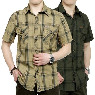 Baumwoll-Atmungsaktives Kurzarmhemd für Draußen, Lässiges Pendler-Cargoshirt, Herren Sommer Locker Kariertes Hemd, Wander-Campinghemden