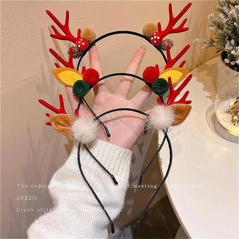Christmas Deer Antler Headband Red Forest Style, Festive Reindeer Hair Band for Women Girls Children Holiday