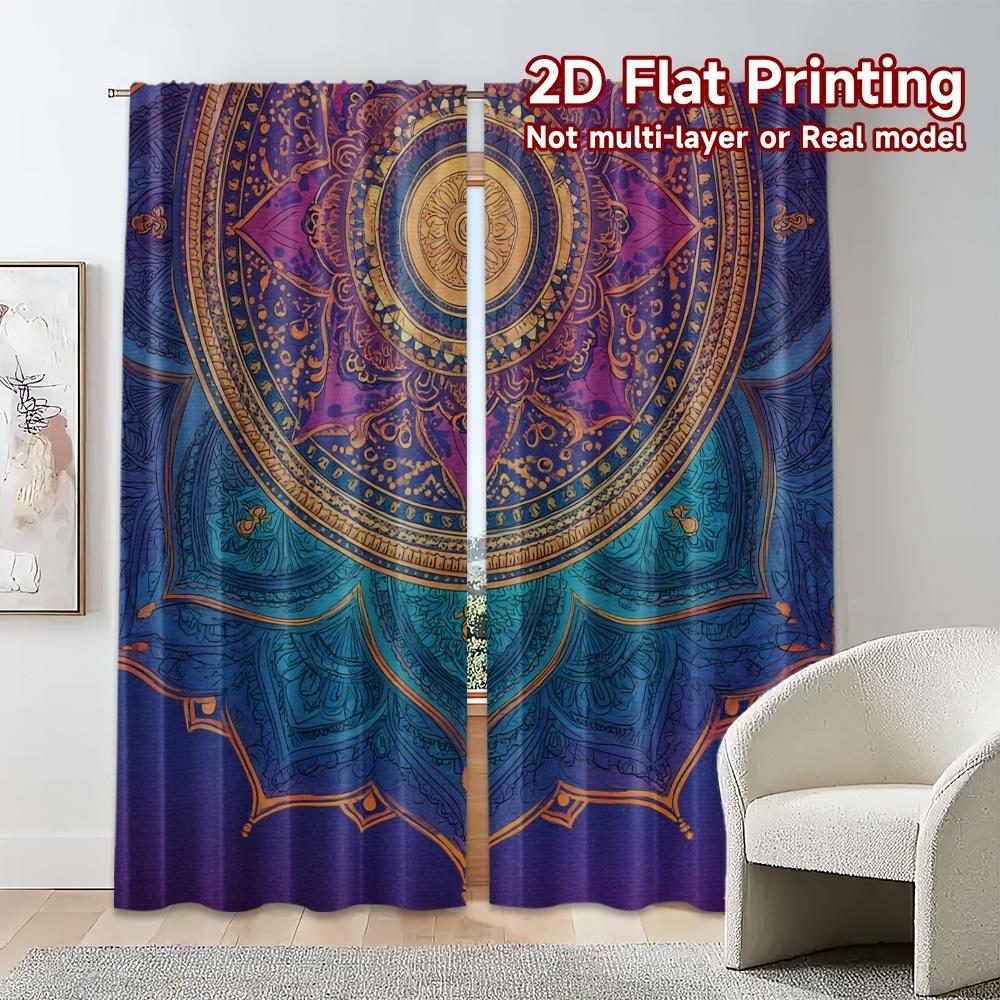 Set Of 2 Flat Printing Curtains Without Rod Floral Mandala Design Holiday Ramadan Printed Durable Polyester Fabric Made