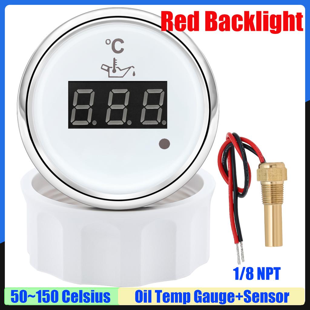 Red Light 52mm Oil Temperature Gauge+Sensor with Alarm Digital 50~150 Celsius Oil Temp Meter for Marine Boat Car 12V24V Custom