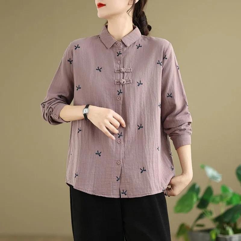 Spring and Autumn Cotton Long-sleeved Shirt Women Chinese Style Embroidered Blouse Women