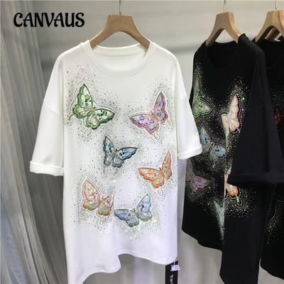 Camiseta feminina de verão, maré, broca, bordado, borboleta, gola redonda, moda, manga curta, top