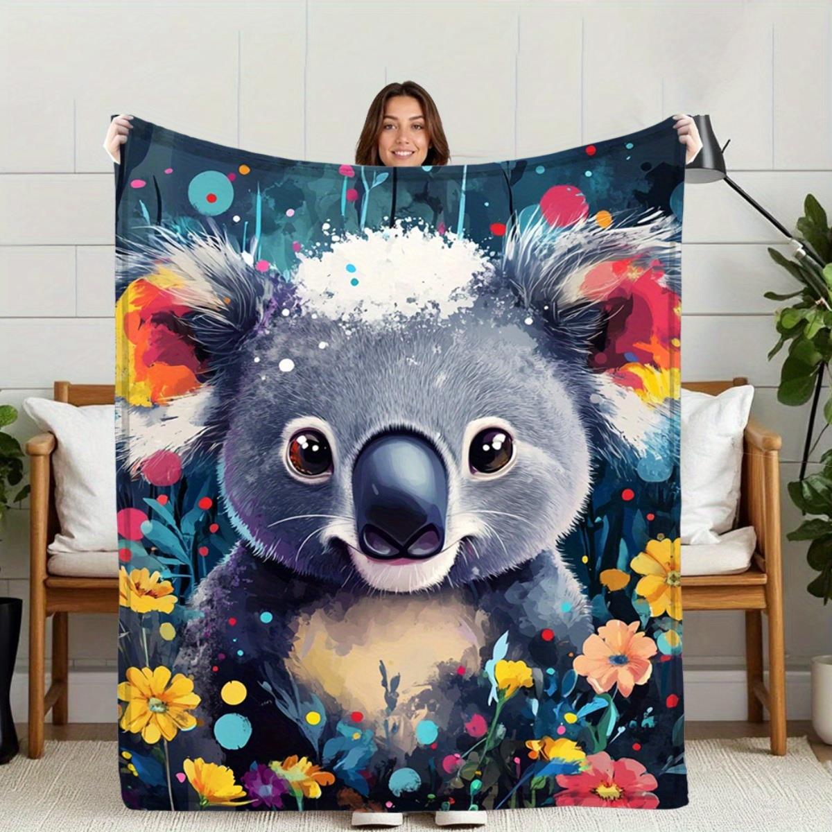 Cute koala with floral pattern Flannel printed blanket suitable for all seasons suitable for living room office sofa and travel 75x100cm