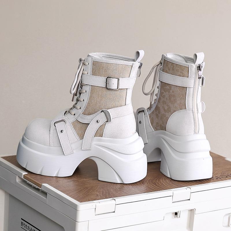 Fashion 9CM Autumn Winter Women's Gladiator Boots Chunky Heels Leather Punk Shoes Buckle Motorcycle Boots Goth Chelsea Mujer Zapatos