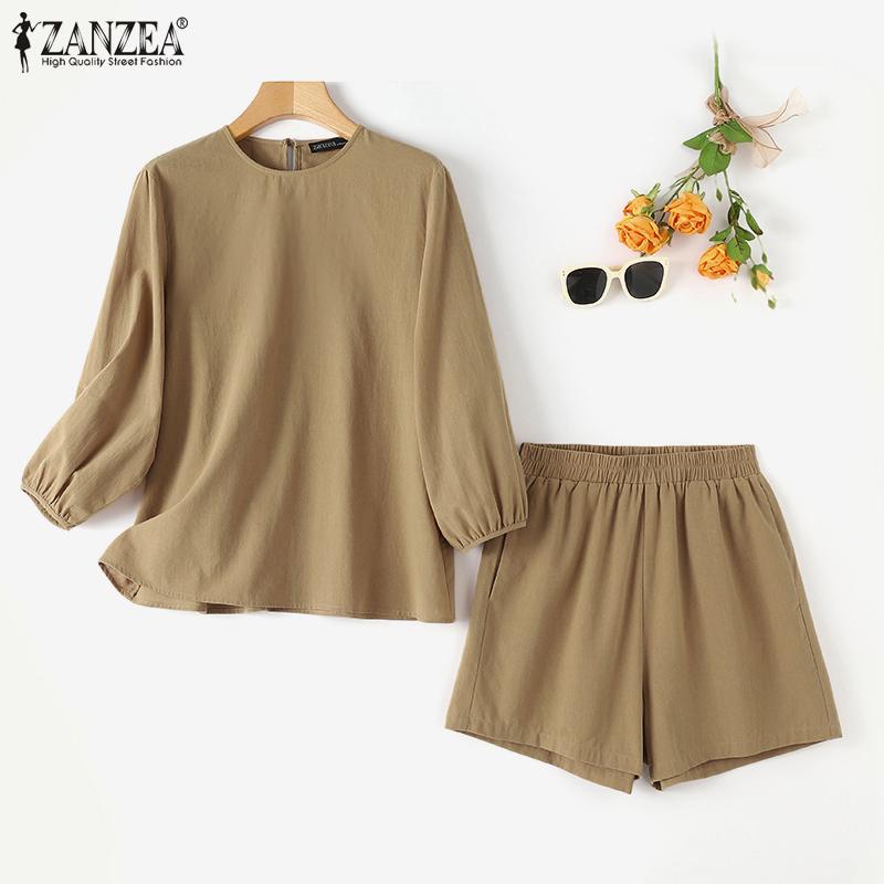 ZANZEA Damen-Bluse und Shorts, lässiges Sommer-Zweiteiler-Set