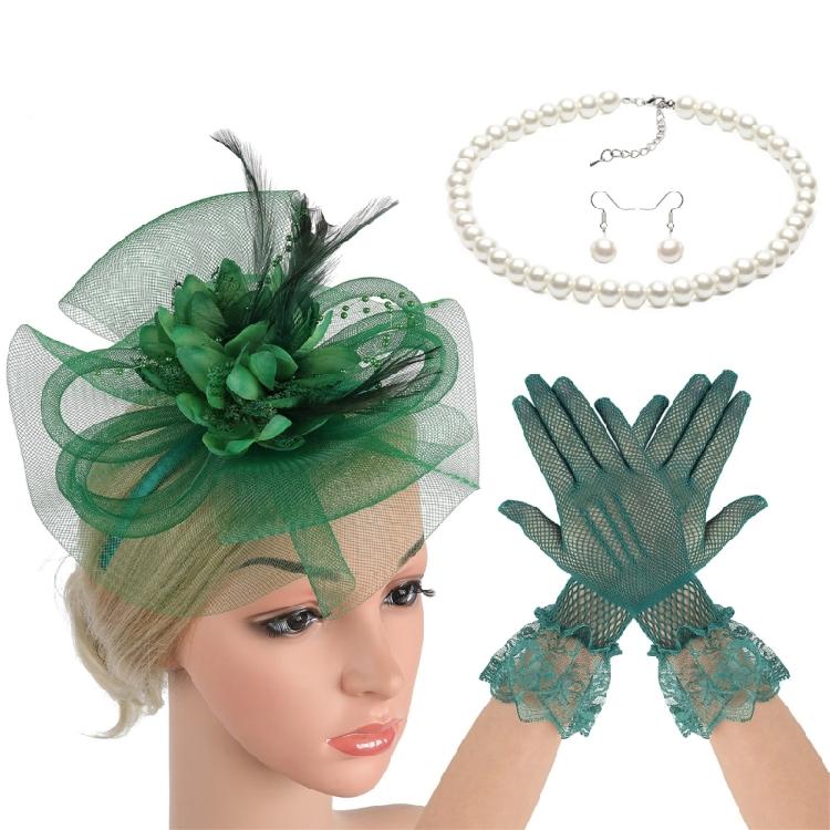4in1 Fascinator Derby Headpiece with Earrings Necklace Lace Gloves For Horse Racing Party Masquerades Roleplay Headpiece