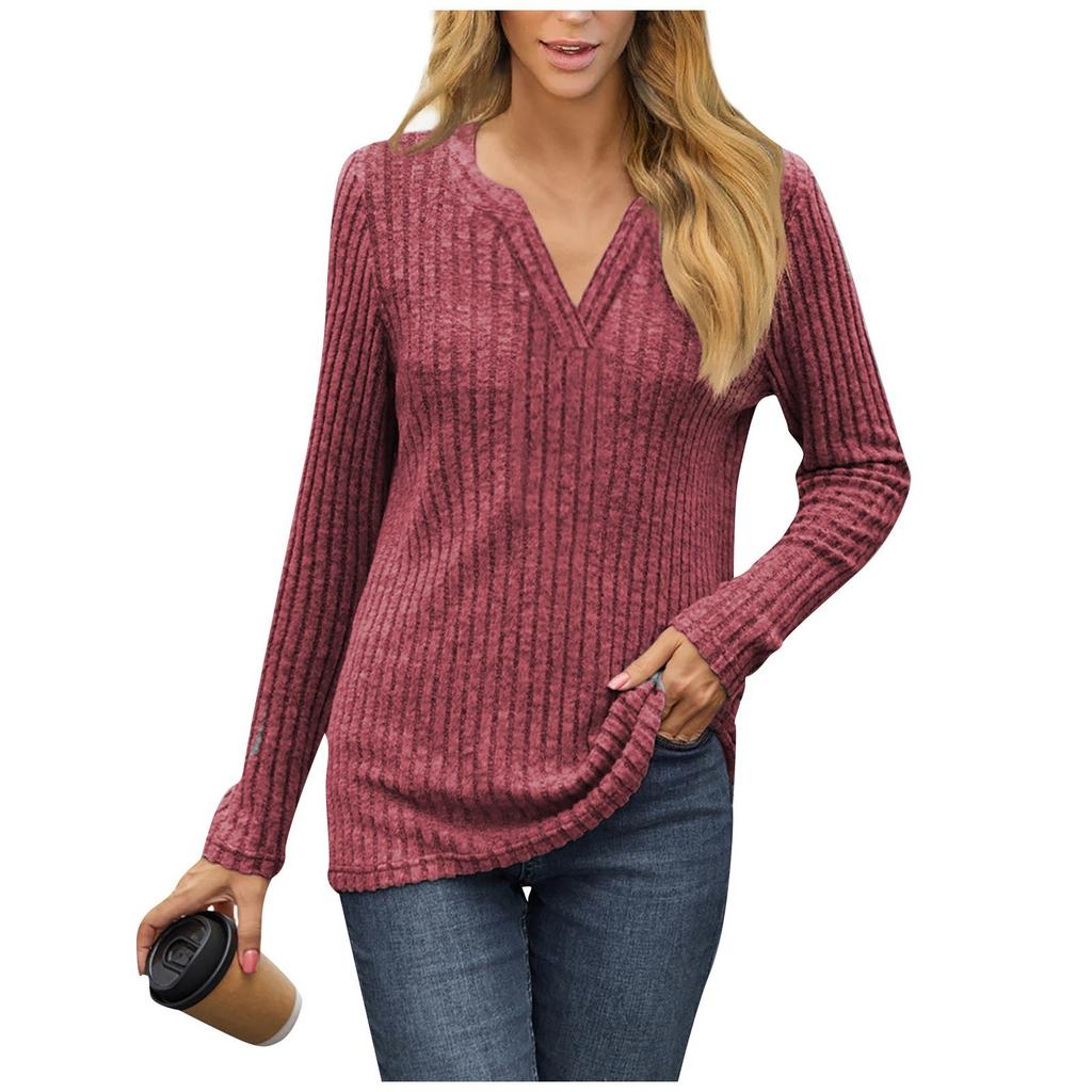 Women's Fashion Casual Slim Solid Color Long Sleeve V-Neck Top