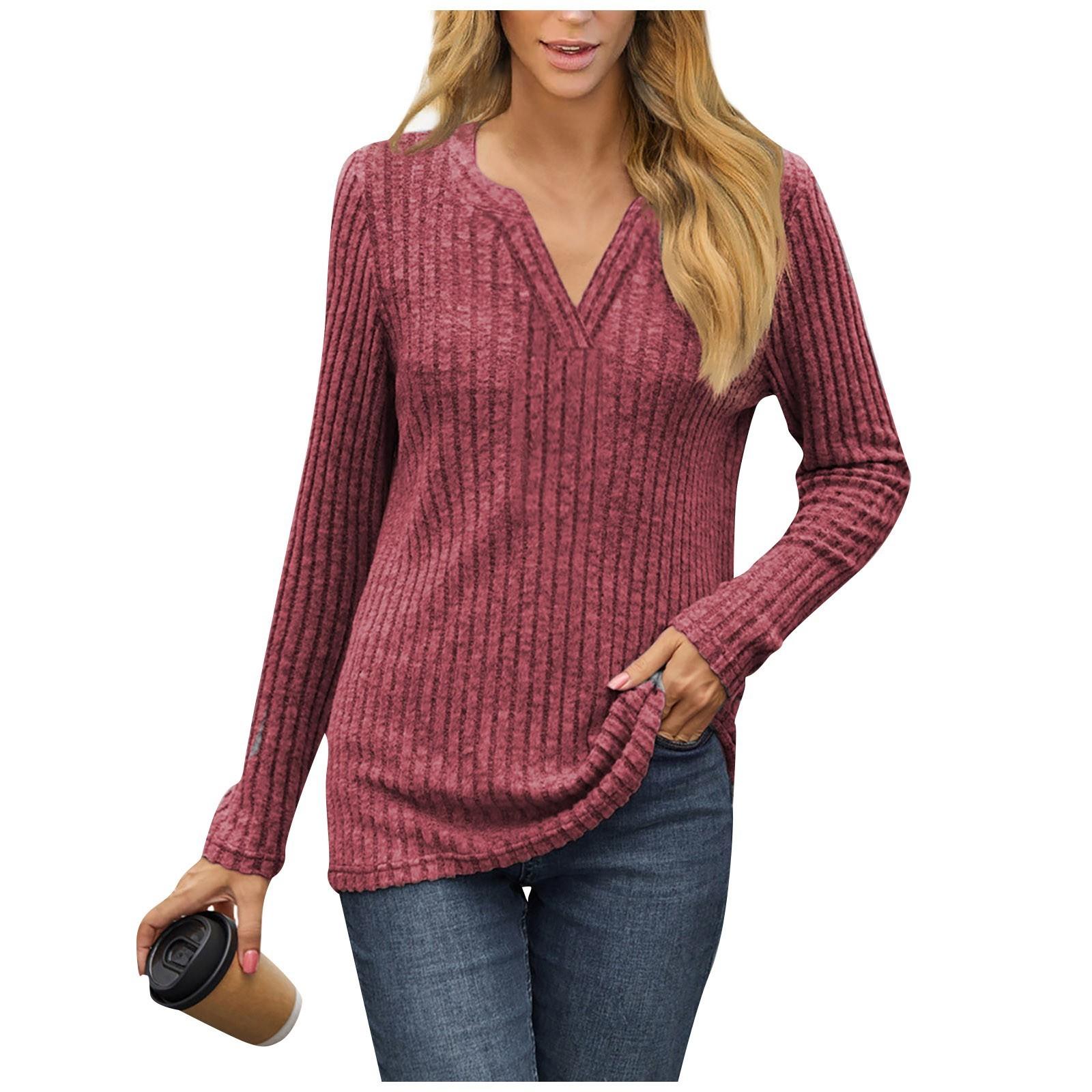 

Женская модная повседневная приталенная однотонная кофта с длинным рукавом и V-образным вырезом XL винный
