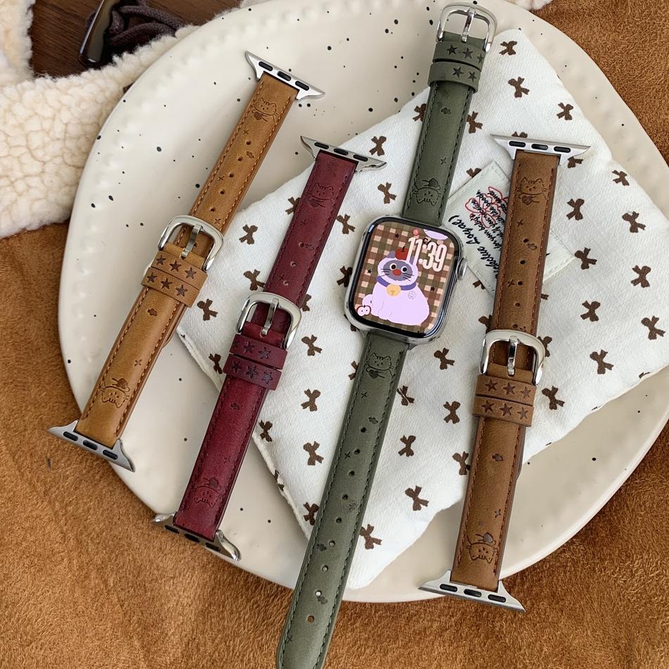 Cute Love Star Cat Pattern Leather Bracelet For Apple Watch Band Series 11/10/9/8/7/Ultra iWatch Strap 49/46/45/44/42/41/40/38mm