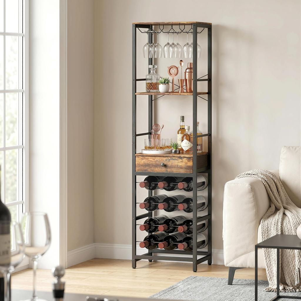 Wine Bar Cabinet with Drawer, Industrial Bar Cabinet, Wine Rack for 12 Bottles, Glass Holder, Rustic Brown