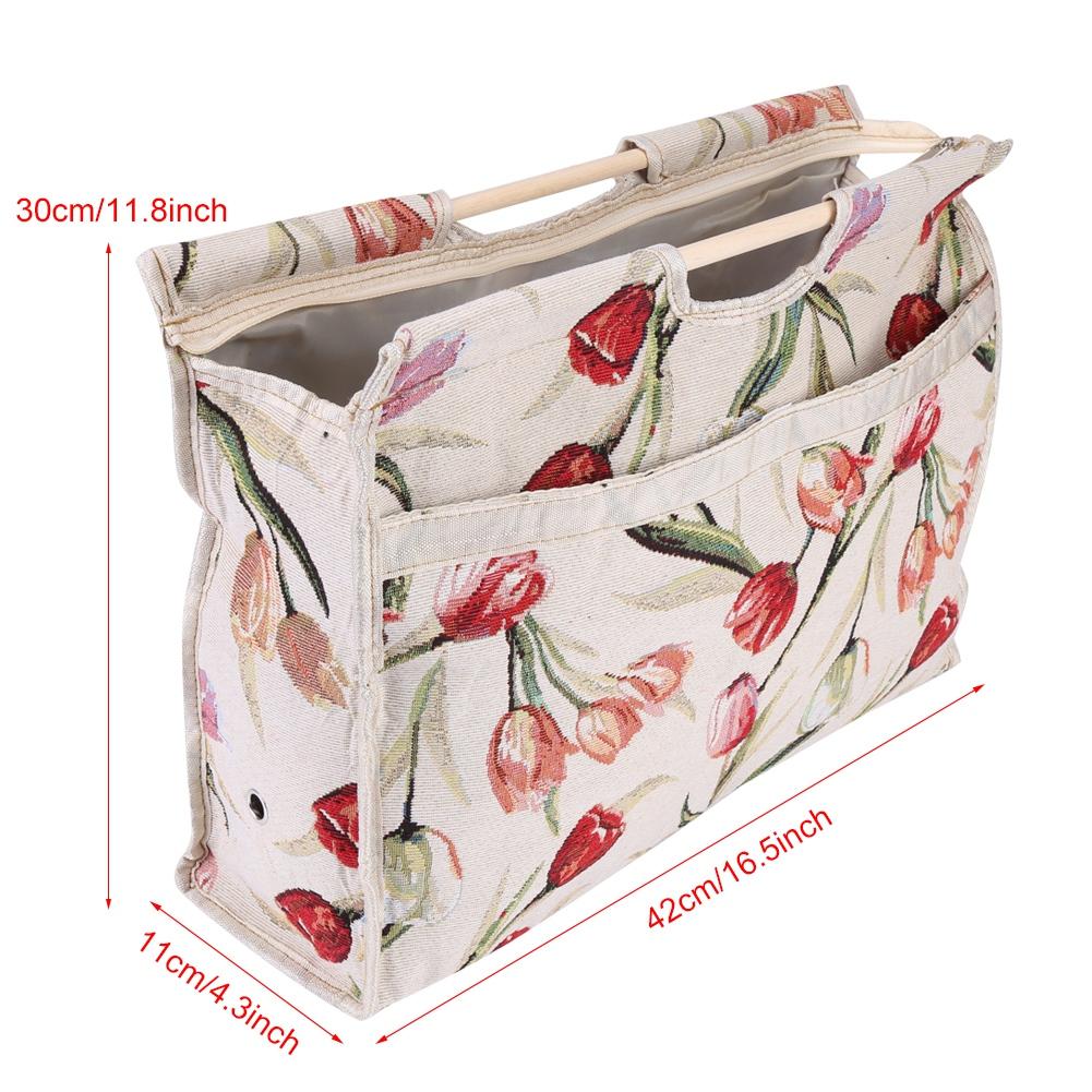 Exquisite Practical Wood Handle Woven Fabric Storage Bag for Knitting Needles Sewing Tools Yarn Organizer Knitting Organizer