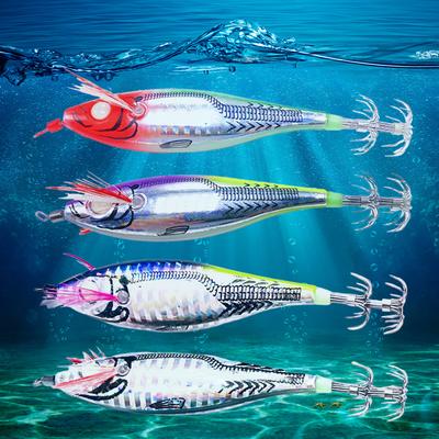 Luminous Artificial Squid Hook Horizontal Jigging Baits 70mm Wood Shrimp Cuttlefish Hard Bait for Cuttlefish Sea Fishing