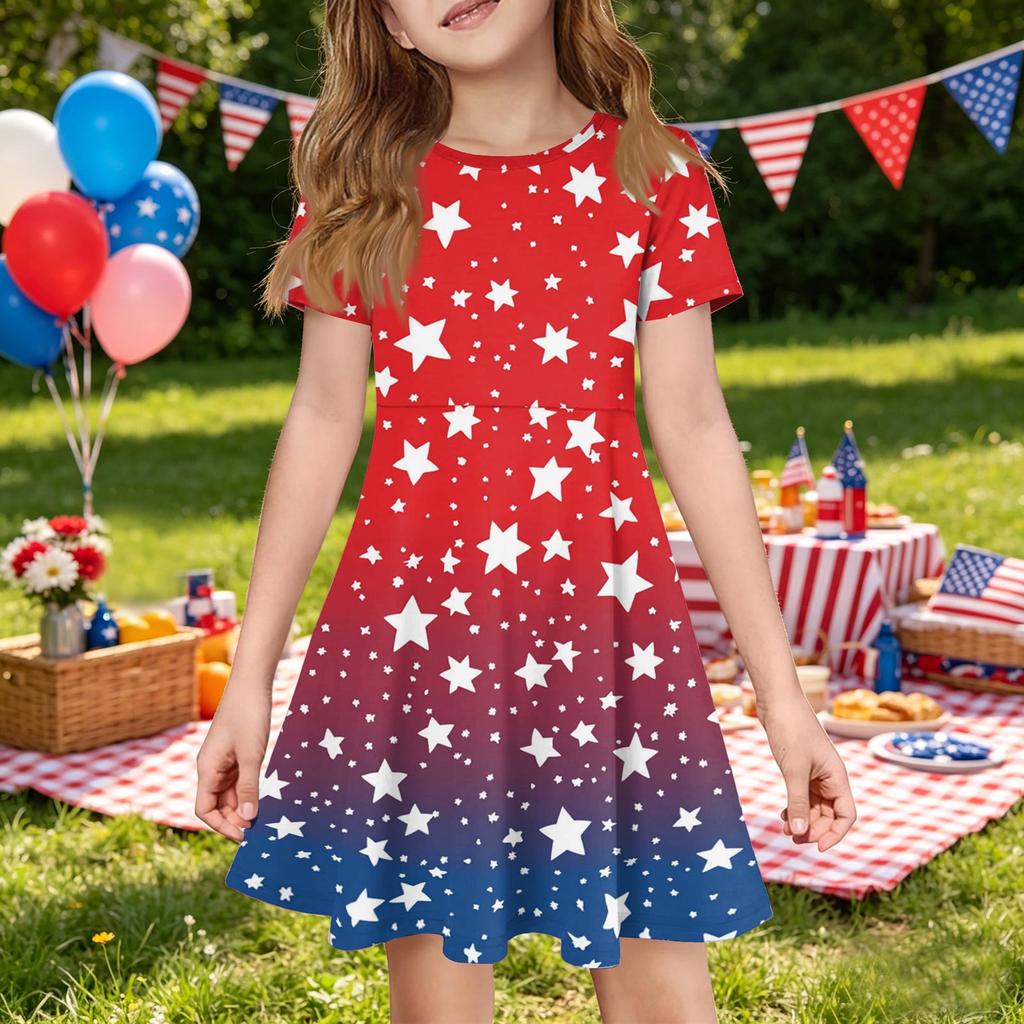 Girls Short Sleeve Dress with Pocket Independence Day Star Print Casual A-Line Dress for Summer Comfortable Fit