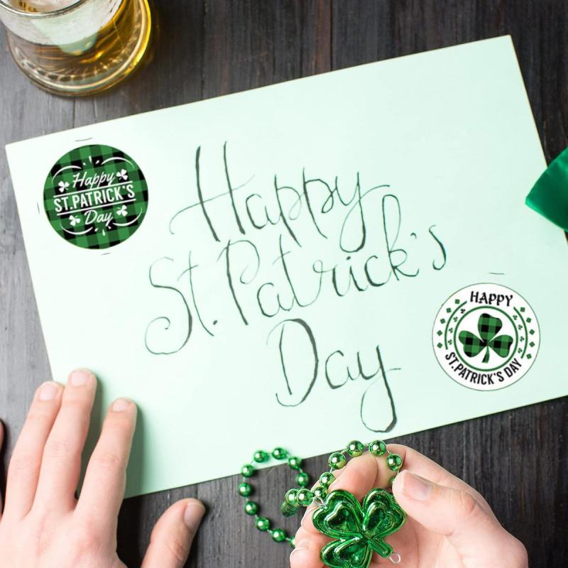 500Pcs/roll St Patricks Day Stickers,Shamrock Clover Label Party Decals Seals Cards Envelopes Rewards Scrapbooking Decorations
