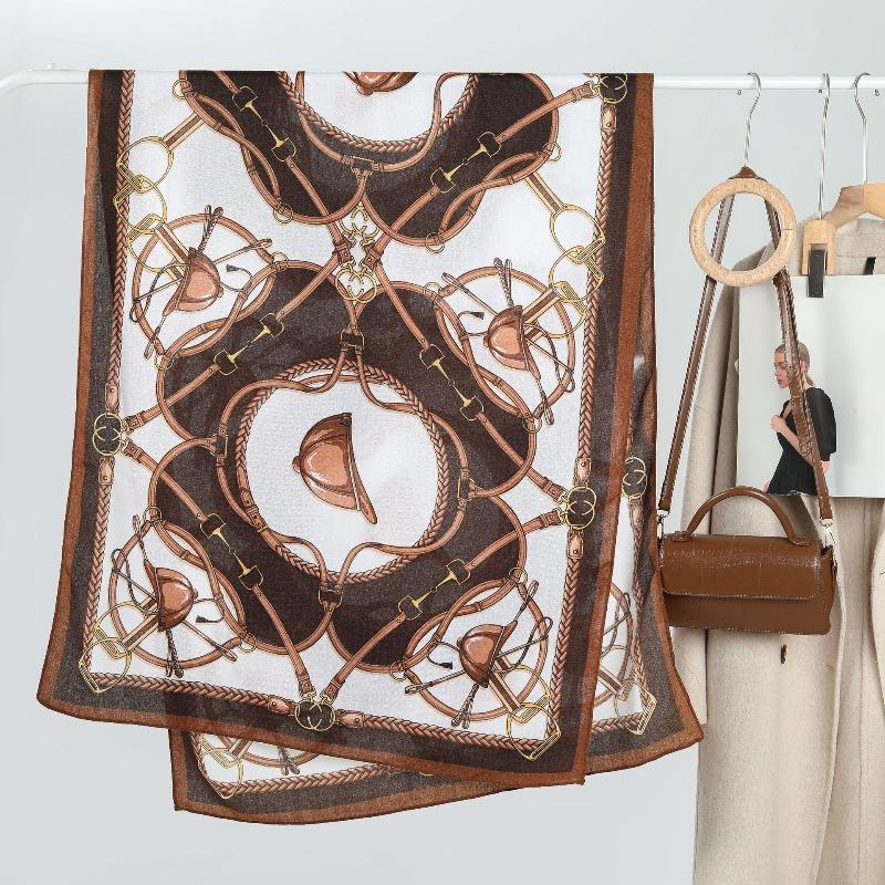 

Fashion printed leather buckle hat imitation velvet scarf silk scarf high-end women s big-name autumn and winter thin shawl Above 175cm