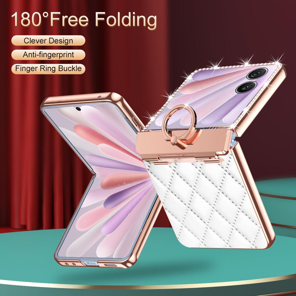 For Honor Magic V Flip 2 Case Ring Holder Rhinestone Leather+PC Cover with Rear Screen Film