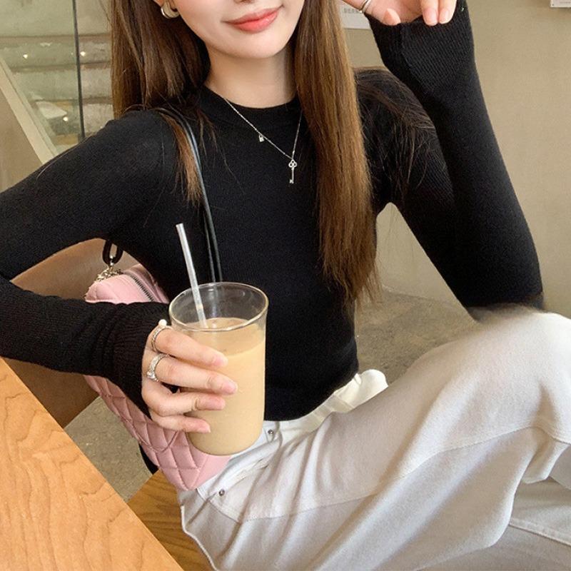 Top pentru femei, verde, cu mânecă lungă, de toamnă, cu gât rotund, cu umăr pozitiv, pe fund, tricot, lenjerie de corp