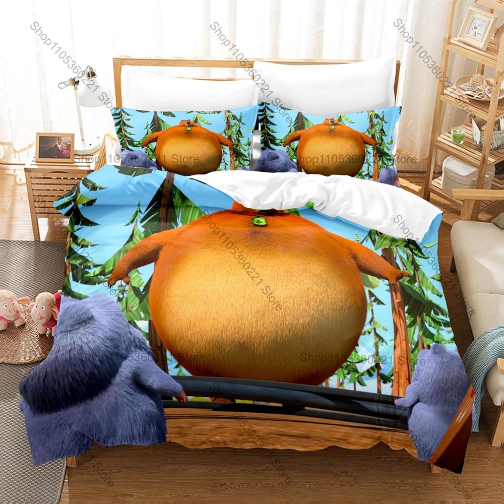 Collage Cartoon Orso Grizzy e Lemming Birbanti Scena Comica 3 Pezzi Biancheria da Letto Copripiumino + 2 Federe Decorazione Casa