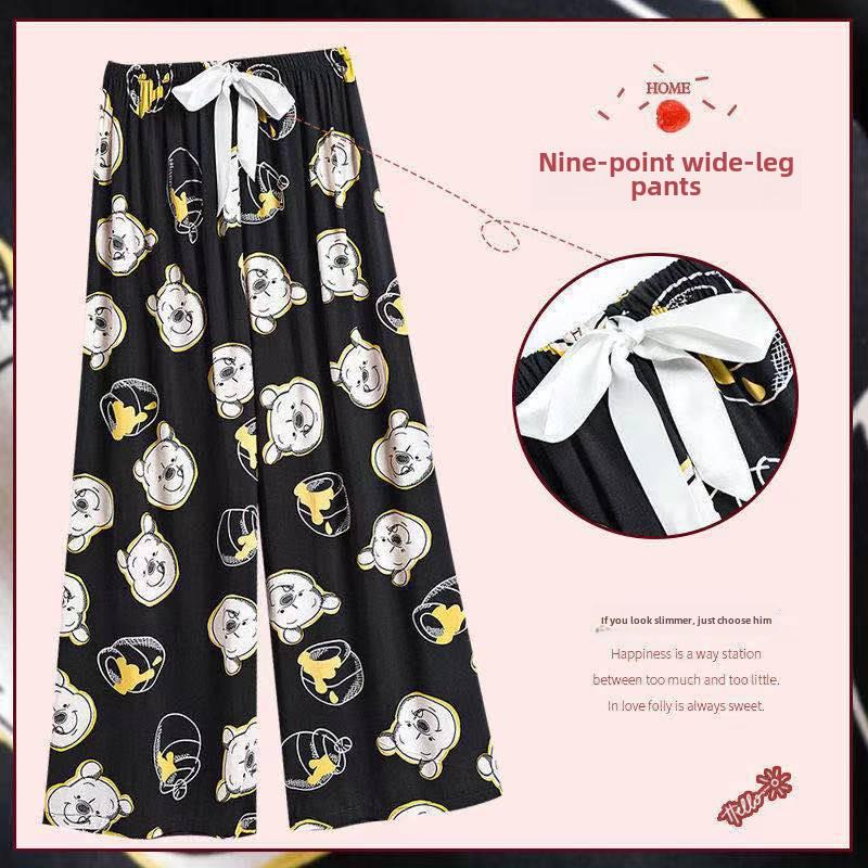 Women's Summer Loose-Fit Wide-Leg Pajama Pants - Imitation Cotton Silk, Nine-Point Length, Wear Indoors or Out