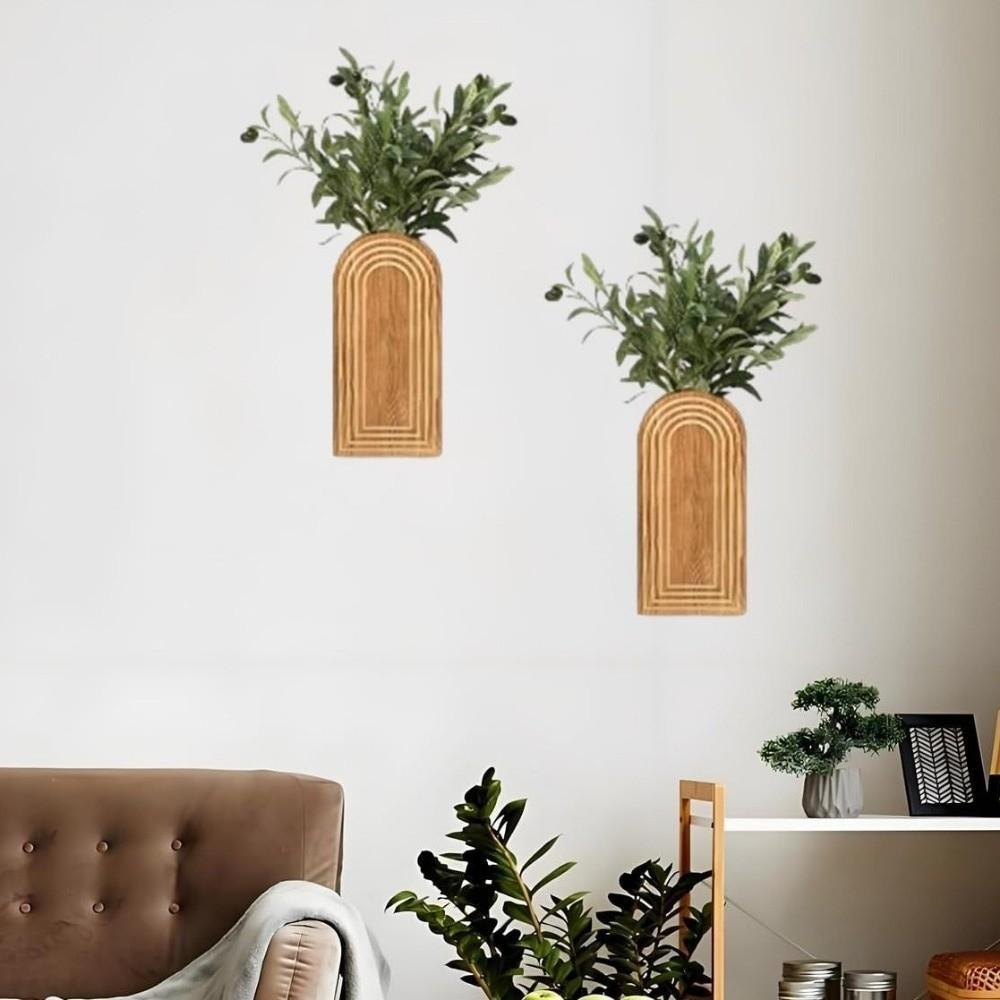 2PCS Boho Style Wooden Wall Planter Decorative Wall Flower Pot Hanging Flower Vase Home Decor